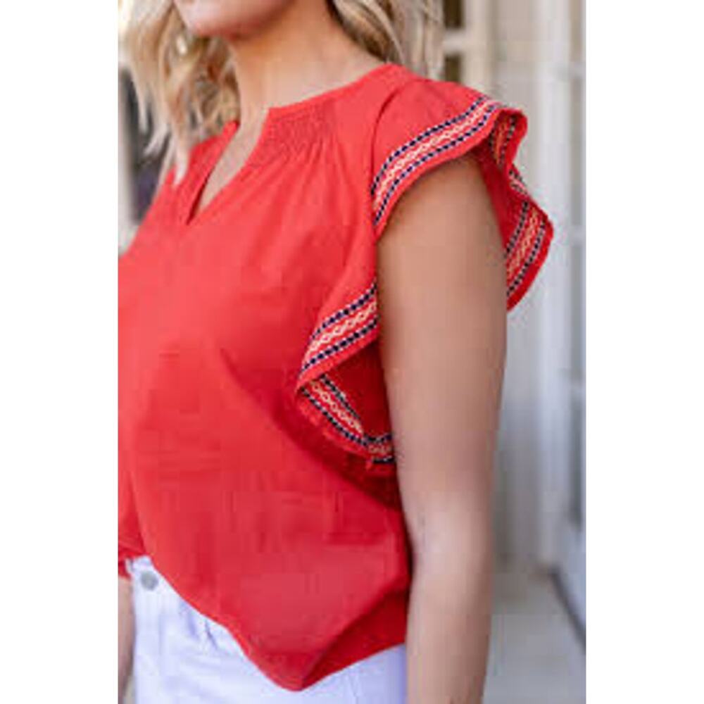 Ellison Women's Size Large Red Embroidered Ruffled Sleeves Blouse‎ - Picture 2 of 10
